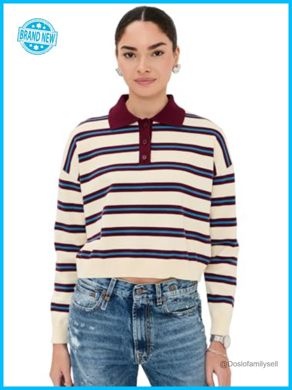 Women's Cropped Polo Striped Long Sleeve Knit Top